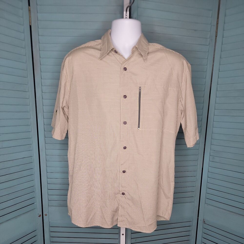 Split Button Up Collared Shirt ~ Sz M ~ Yellow & Beige ~ Short Sleeve